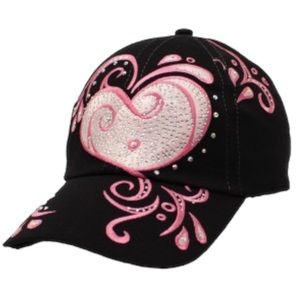 Women’s Black & Pink Heart Bling Fashion Baseball Cap